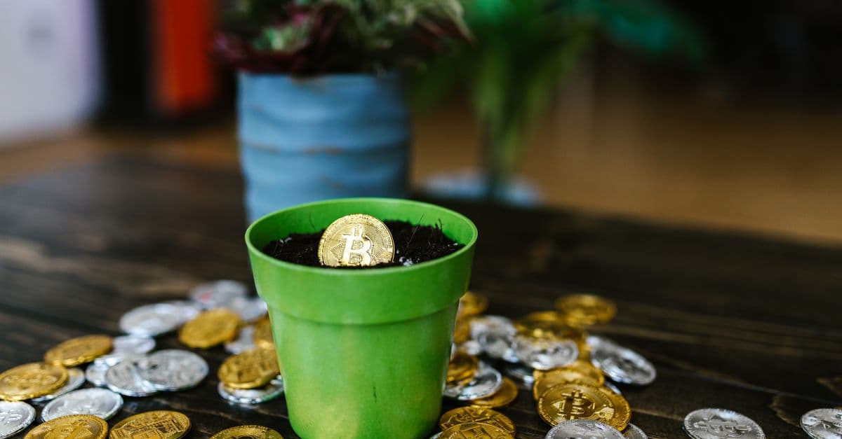 Bitcoin coin in a green pot surrounded by crypto coins on a wooden table.
