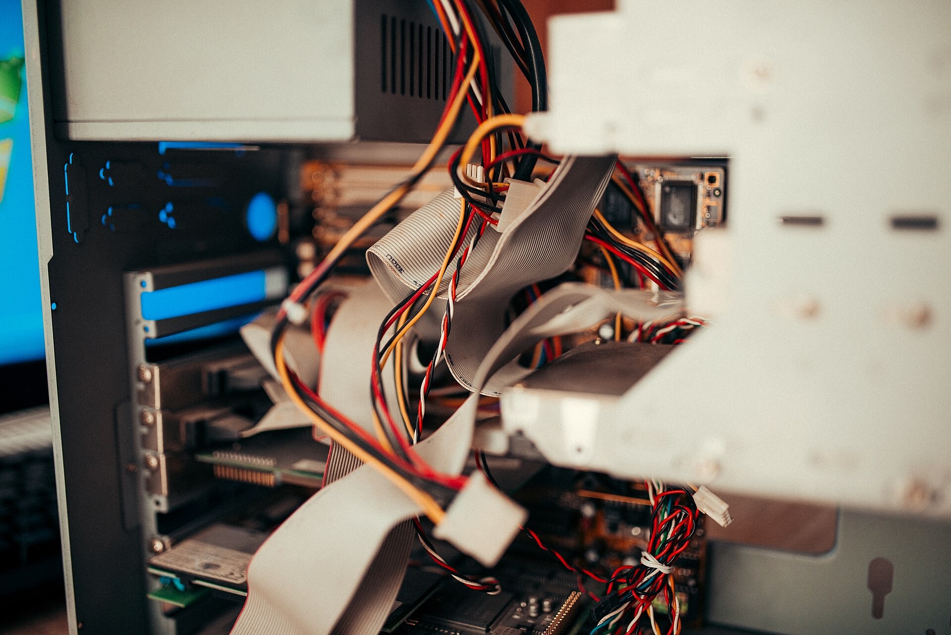 The internal cables and hardware components of a computer workstation.
